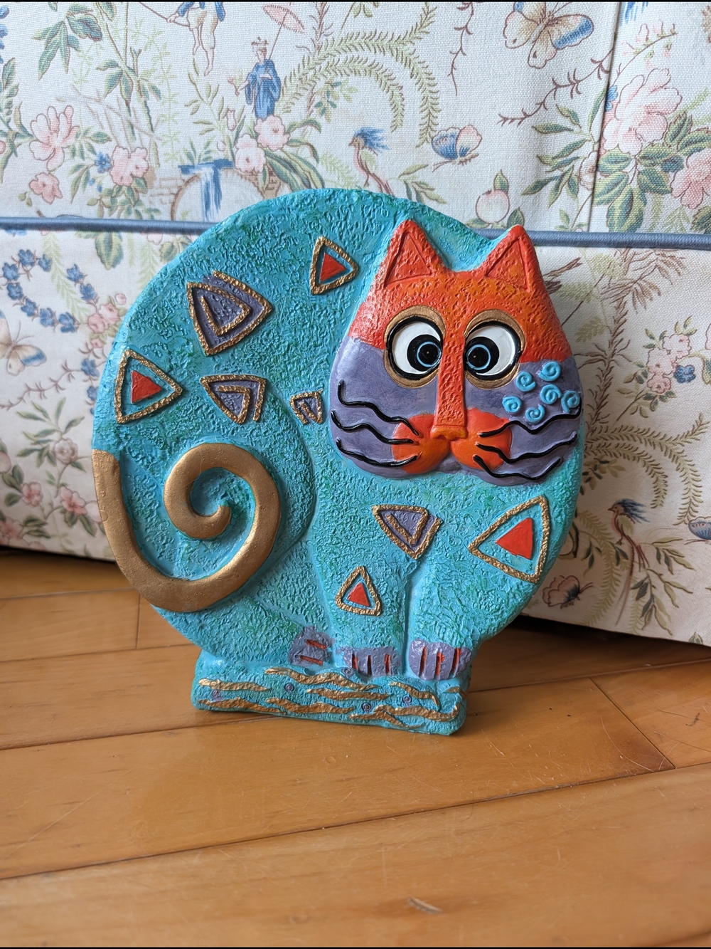 Whimsical Turquoise & Orange Cat Figurine